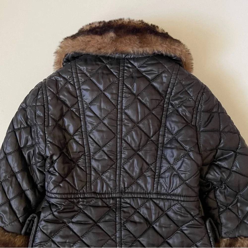 Junior Gaultier Girls’ Black Quilted Winter Jacket with Faux Fur Trim - 4Y